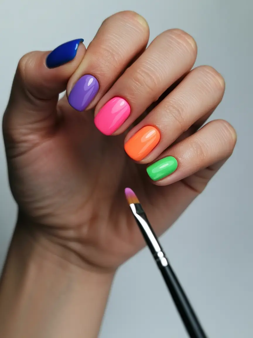 neon summer nail ideas 2025 Rainbow Bright & Bite-Sized