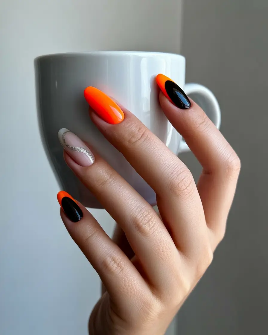 neon summer nail ideas 2025 Molten Orange & Midnight Dip