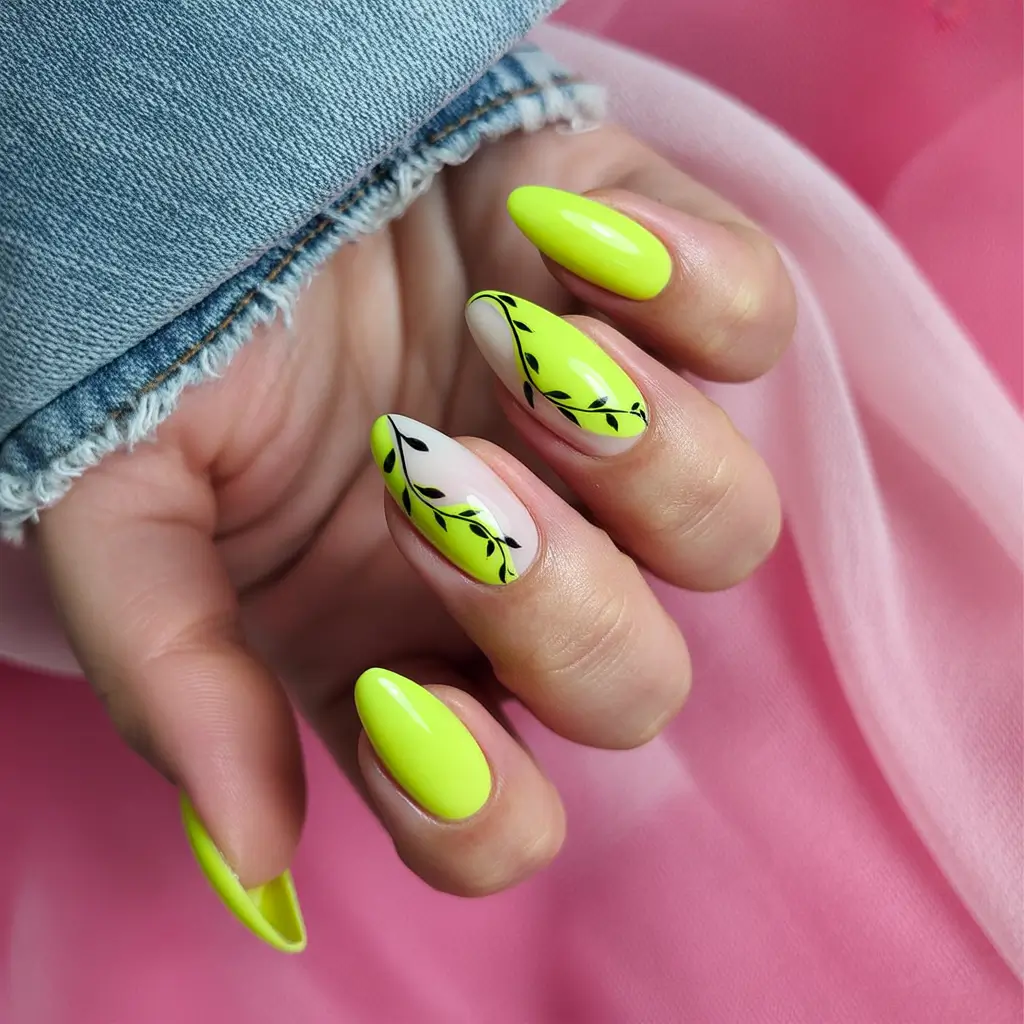 neon summer nail ideas 2025 Leafy Neon Garden
