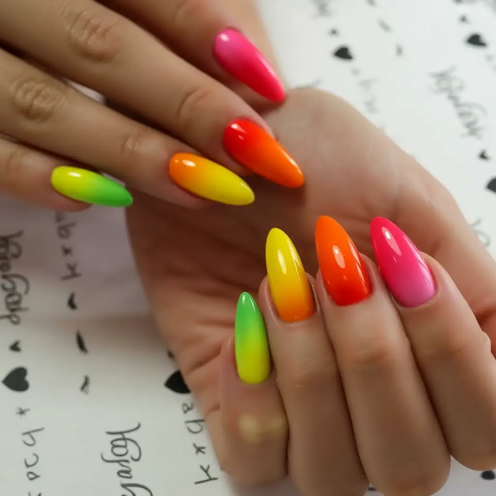 ombre summer nails ideas 2025 Juicy Rainbow: Multi-Colored Fade for Maximum Fun