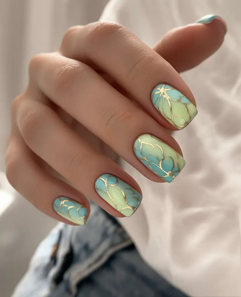 ombre summer nails ideas 2025 Ocean Bloom: Aqua-Green Ombre With Gilded Line Art