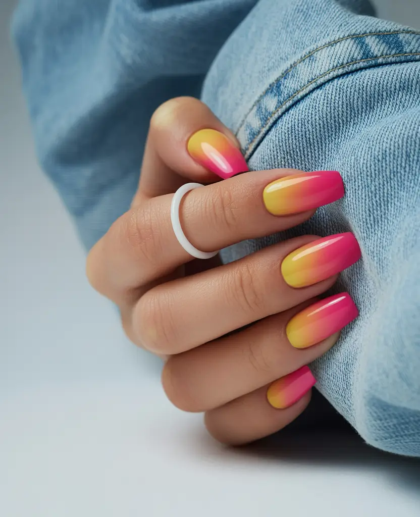 ombre summer nails ideas 2025 Sunset Sorbet: Hot Pink Meets Tropical Sunrise