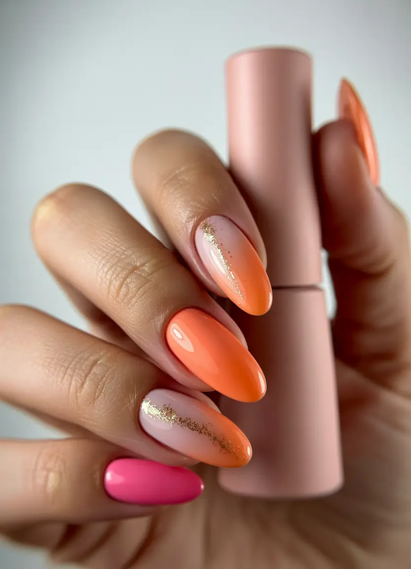 ombre summer nails ideas 2025 Peach Glow: Subtle Ombre With Gold Dust