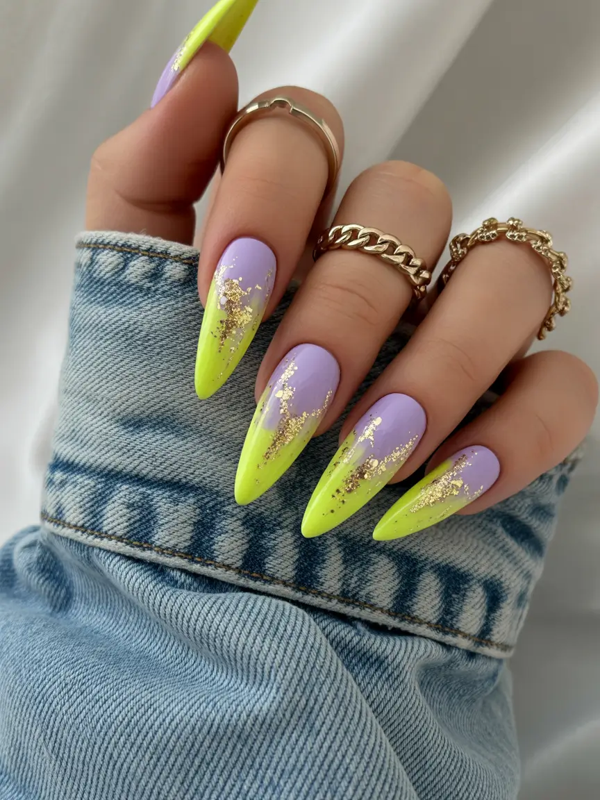 ombre summer nails ideas 2025 Electric Garden: Neon Green & Lavender with Gold Leaf