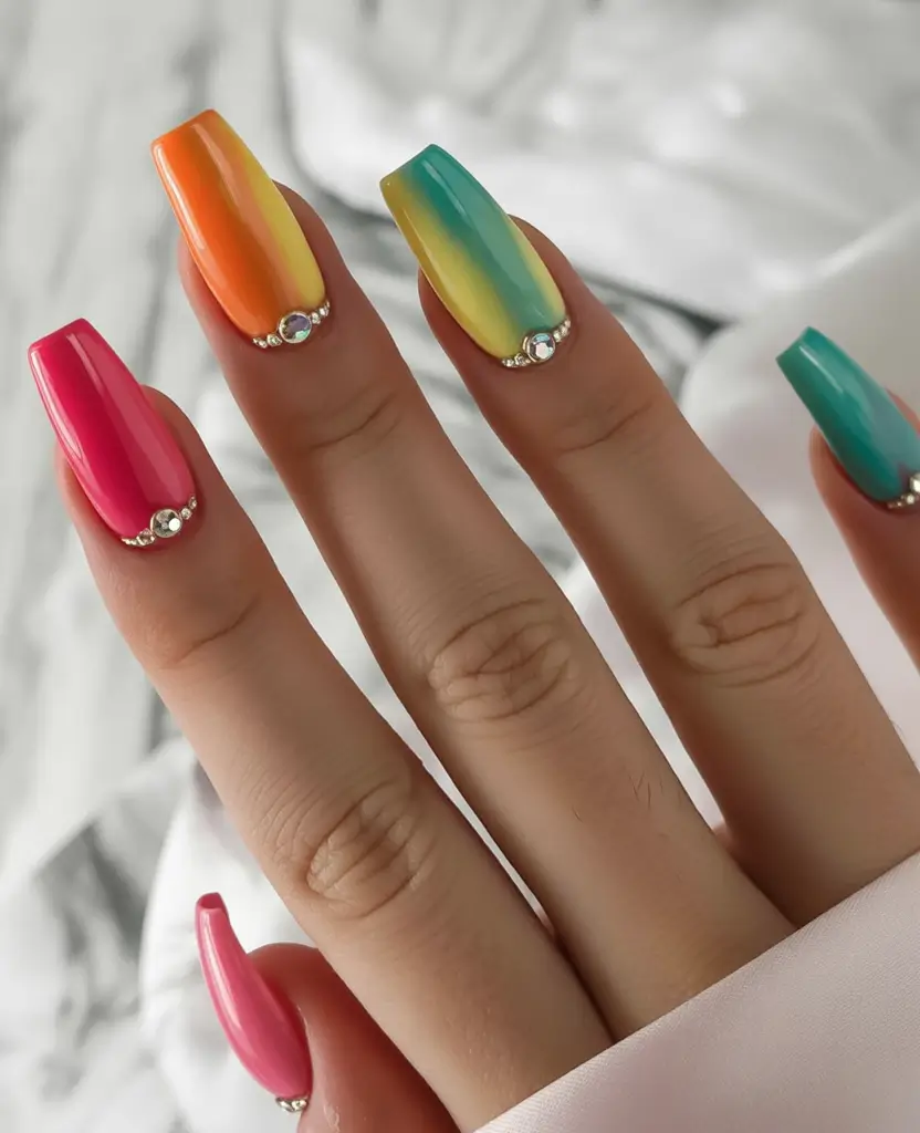 ombre summer nails ideas 2025 Glam Glow Block Ombre