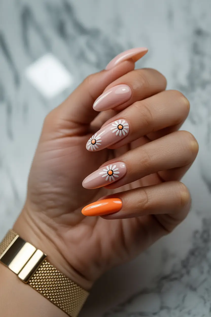 pretty summer nails ideas 2025 Floral Minimalism With a Citrus Pop