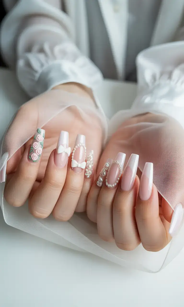 pretty summer nails ideas 2025 Soft Glam in Pearls and Bows