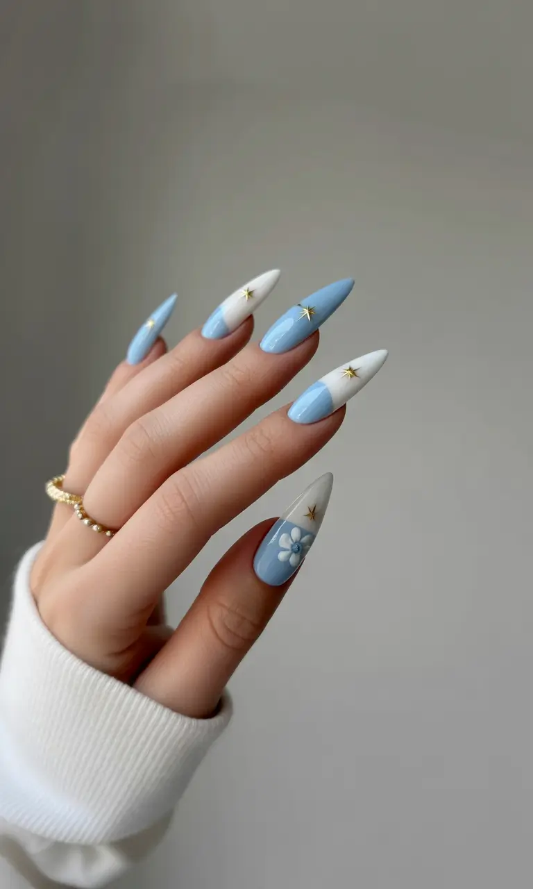 pretty summer nails ideas 2025 Starry Sky Meets Baby Blue