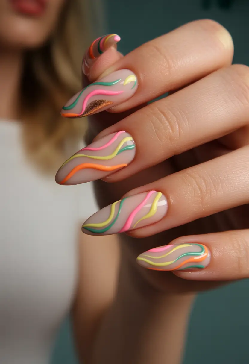 pretty summer nails ideas 2025 Retro Neon Waves