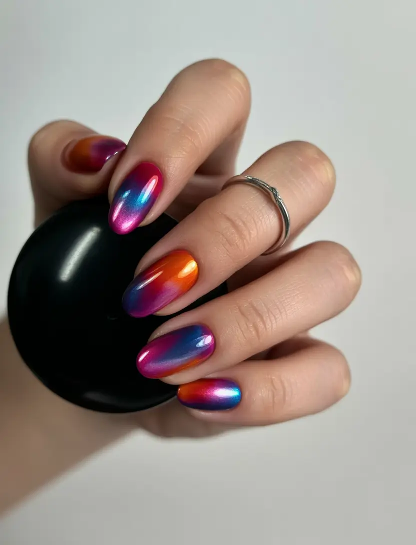 pretty summer nails ideas 2025 Sunset Chrome for the Bold
