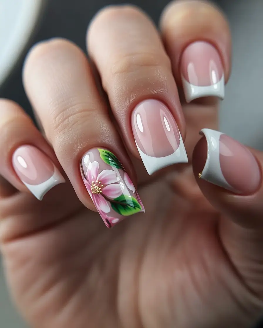 pretty summer nails ideas 2025 Floral French Elegance
