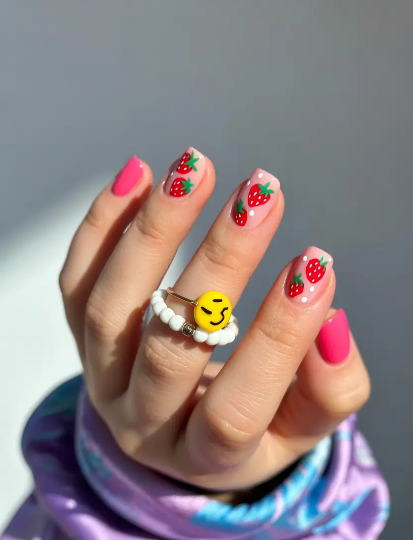pretty summer nails ideas 2025 Berry Cute Strawberries
