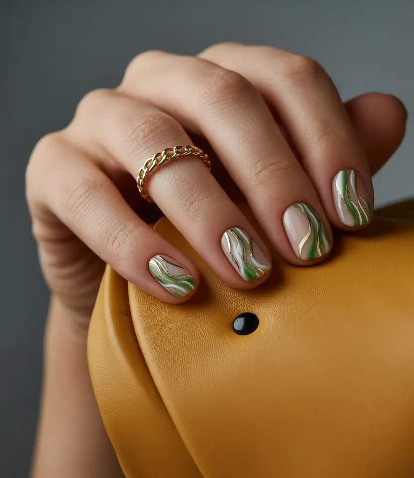 pretty summer nails ideas 2025 Green Marble Calm with Gold Accents