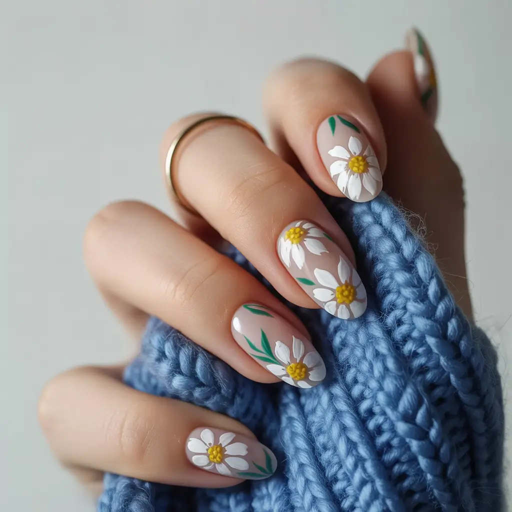 pretty summer nails ideas 2025 Soft Daisy Blooms on a Nude Canvas