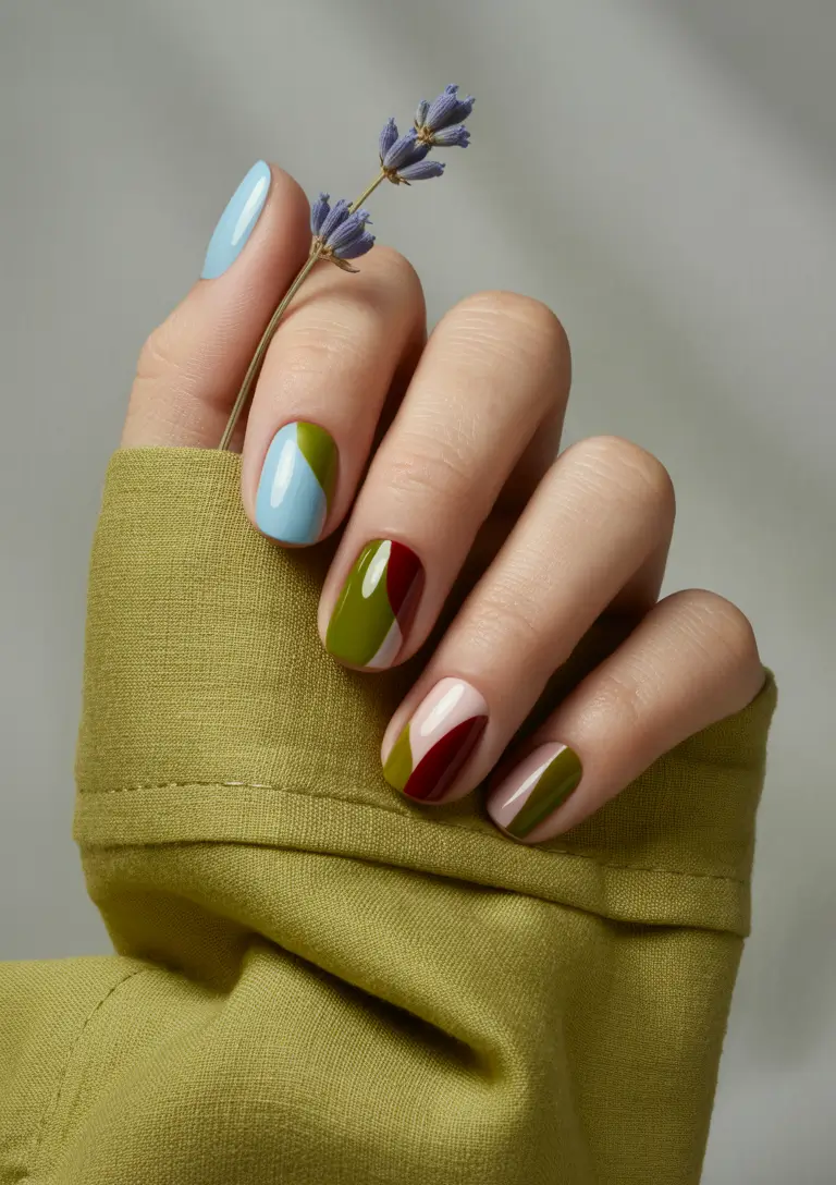 pretty summer nails ideas 2025 Colorblock Nature Chic