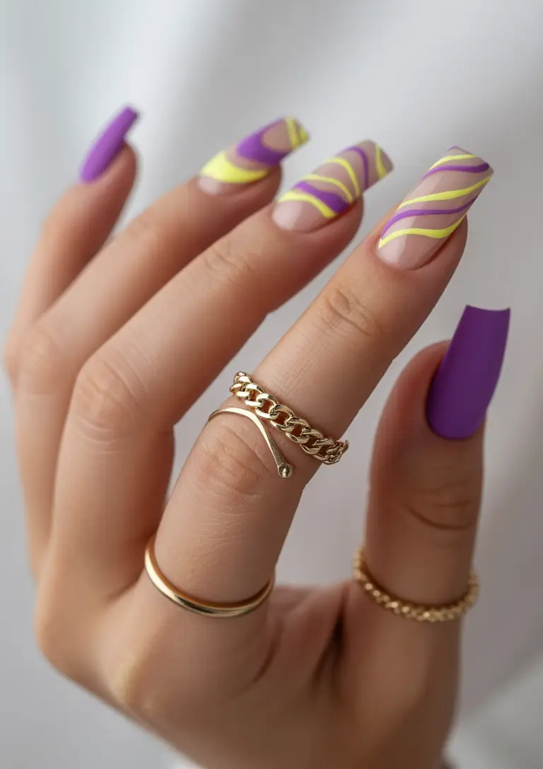 purple summer nails ideas 2025 Purple Meets Neon: The Citrus Swirl That Screams Summer