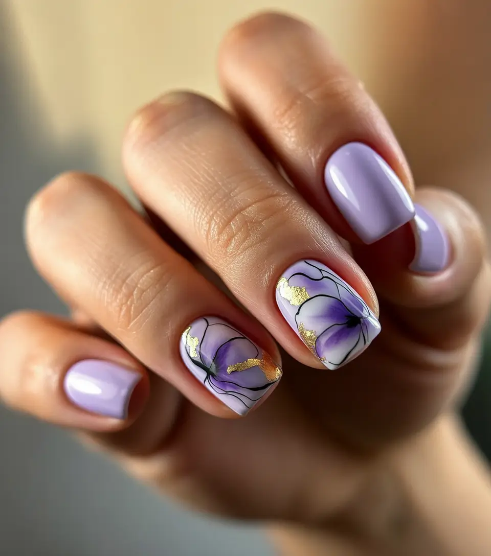 purple summer nails ideas 2025 Soft Lilac Florals with Gold Accents: Elegant Bloom