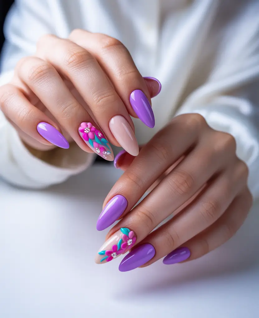 purple summer nails ideas 2025 3D Garden Party: Flowers That Pop