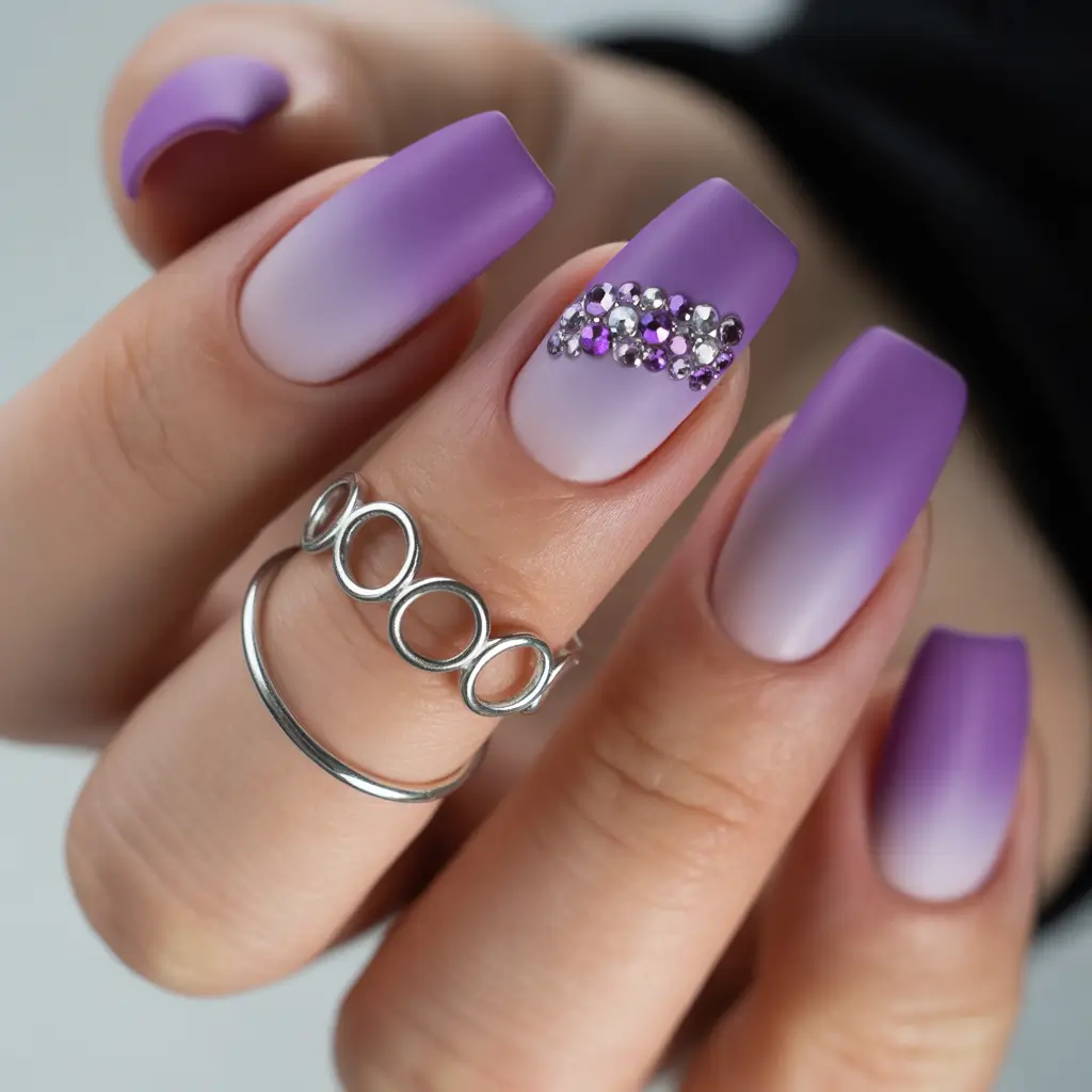 purple summer nails ideas 2025 Matte Lavender Fade with Crystal Band