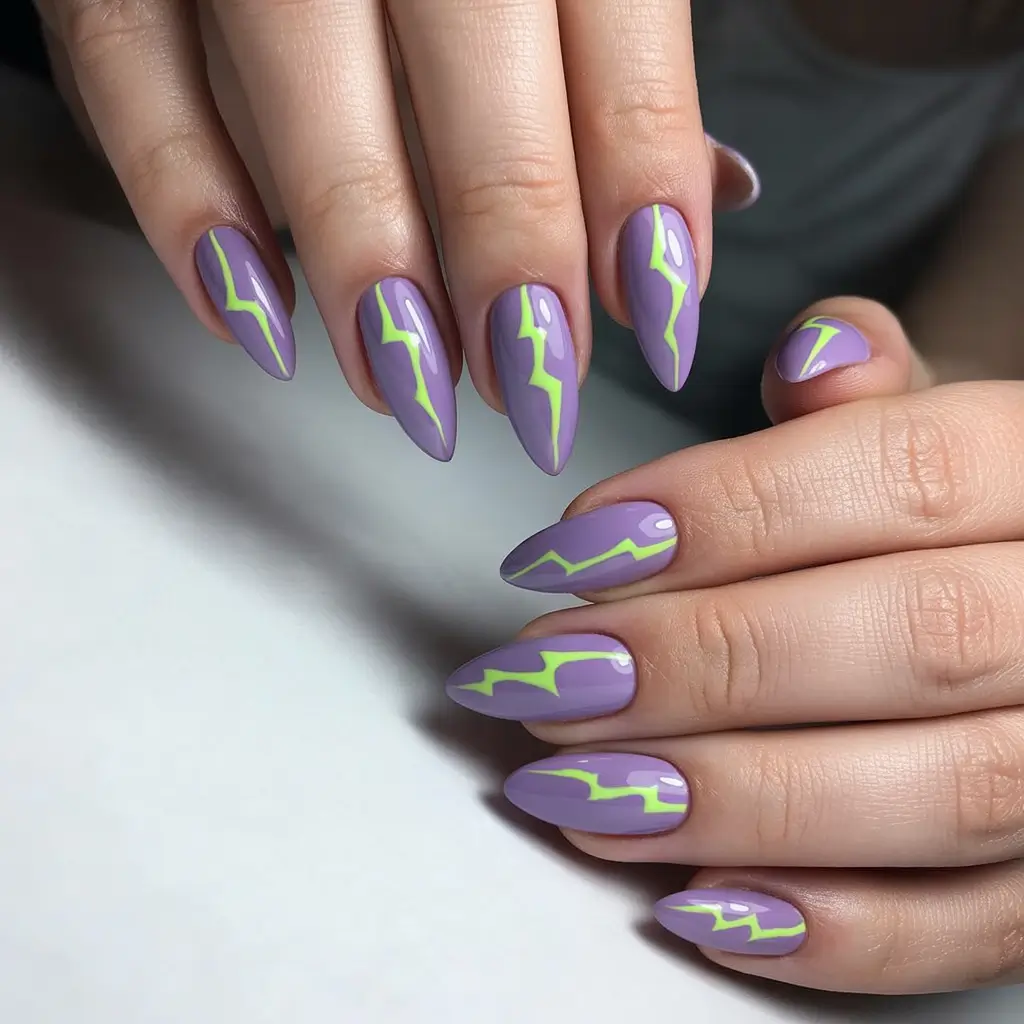 purple summer nails ideas 2025 Glossy Lightning Purple with Lime Bolt
