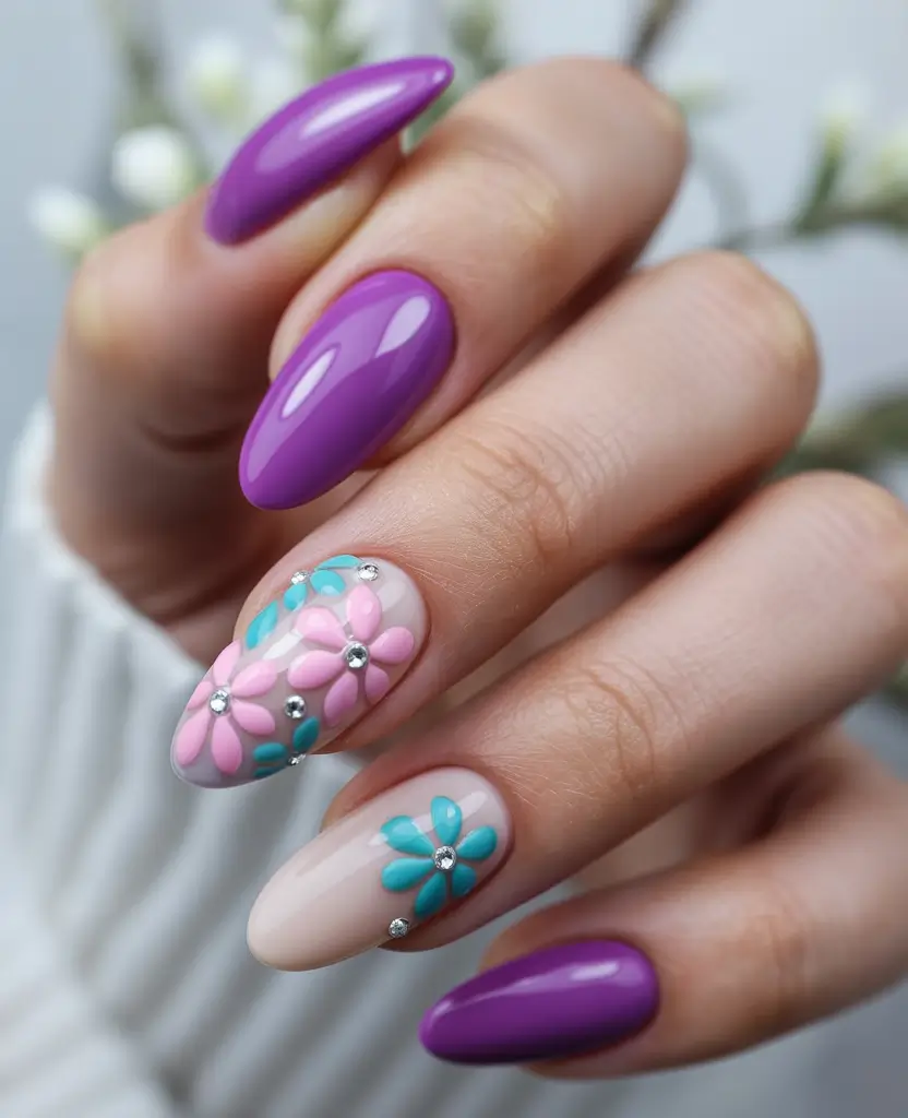 purple summer nails ideas 2025 Glossy Purple with 3D Flowers