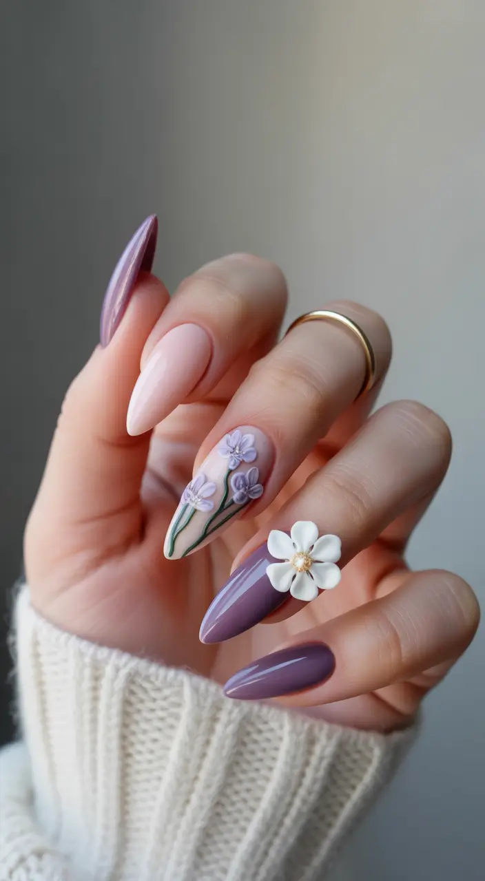purple summer nails ideas 2025 Glossy Floral Garden with 3D Petals