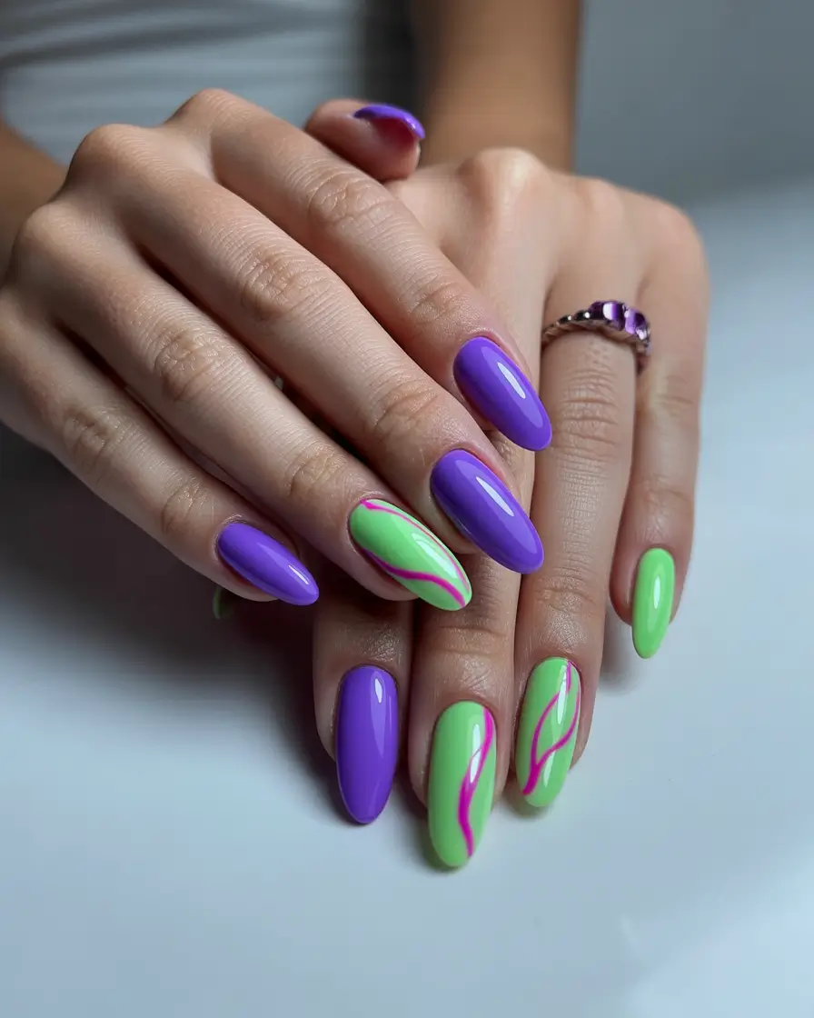purple summer nails ideas 2025 Electric Jungle: Vibrant Contrast with a Hint of Retro