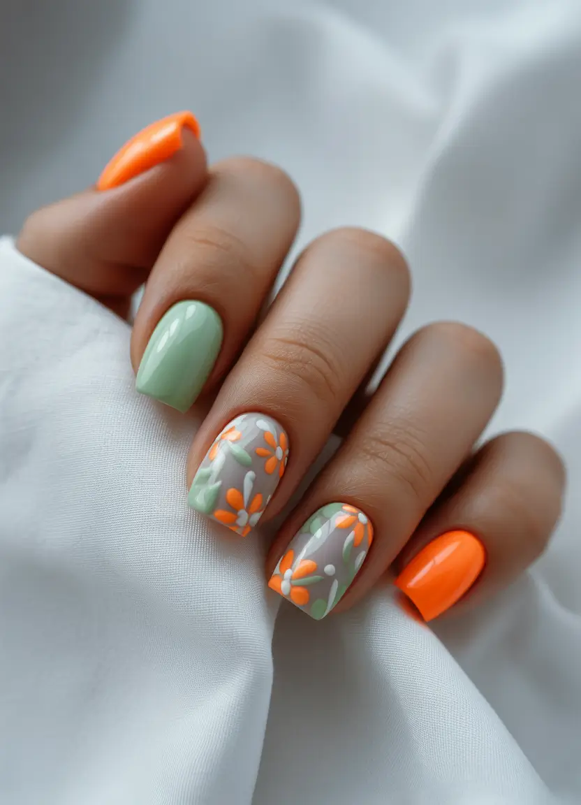 short summer nails ideas 2025 Groovy Citrus Garden