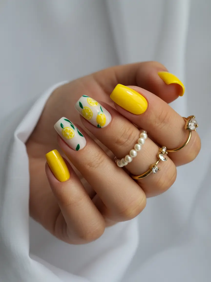 short summer nails ideas 2025 Lemon Pop Art