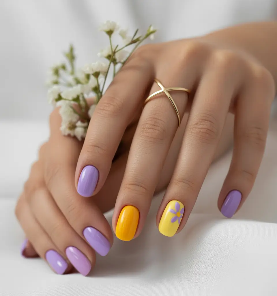 short summer nails ideas 2025 Lavender Dreams & Lemon Zest