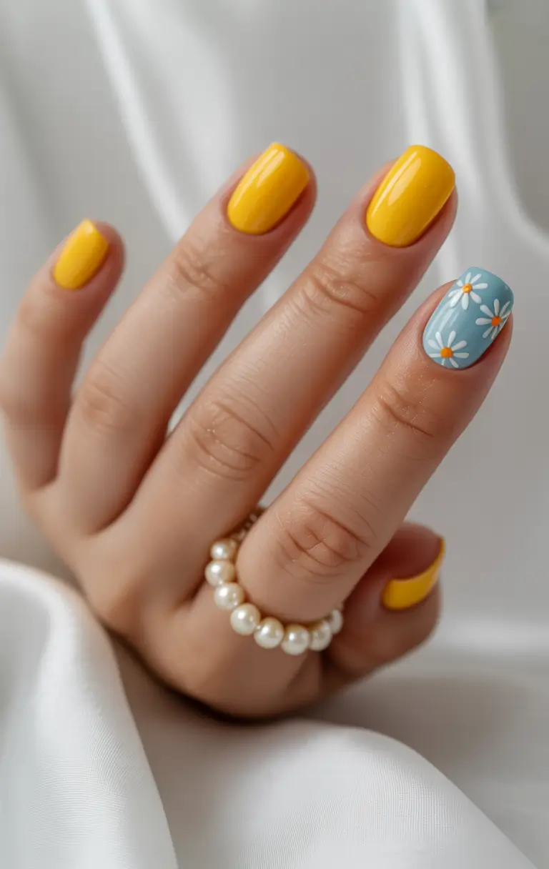 short summer nails ideas 2025 Daisy Days Forever