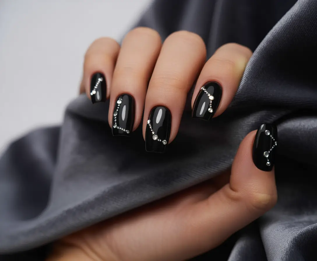 simple summer nails ideas 2025 Stargazer’s Chic: Black Constellation with Crystals