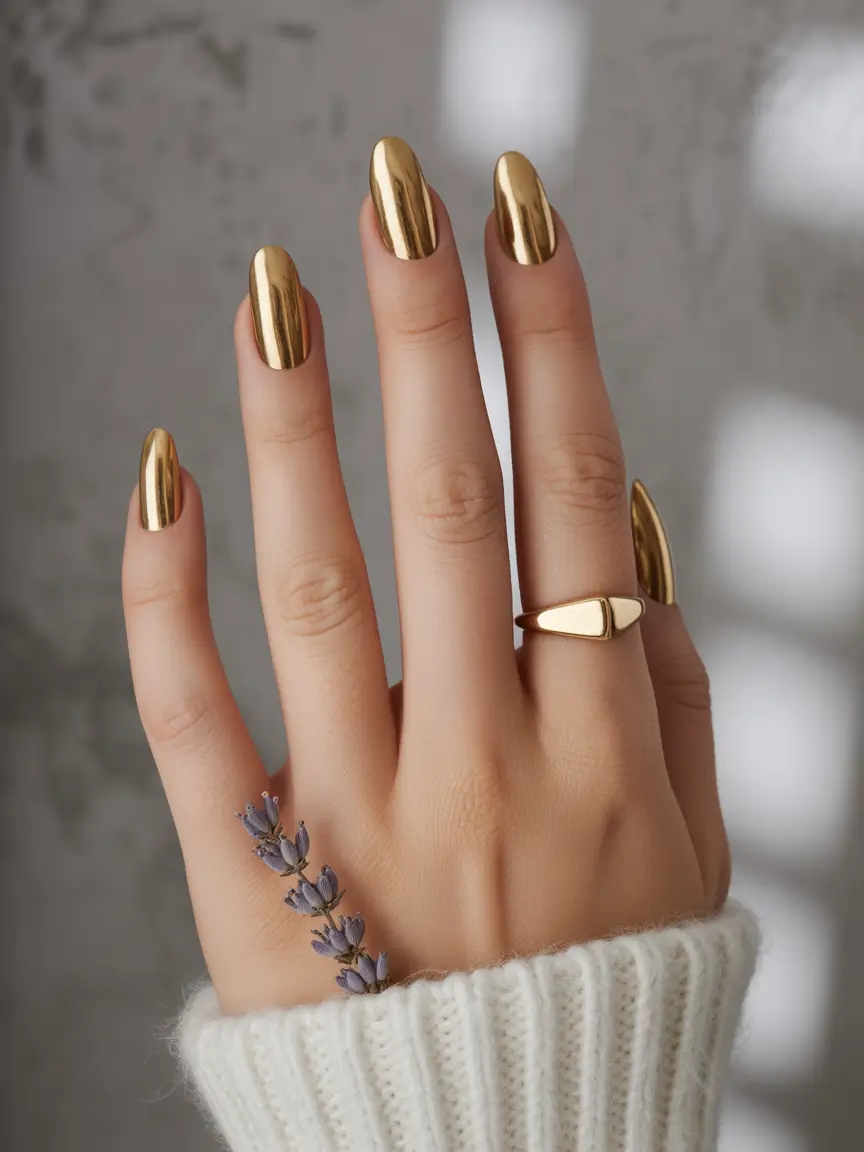 simple summer nails ideas 2025 Golden Mirror Tips for Luxe Summer Nights
