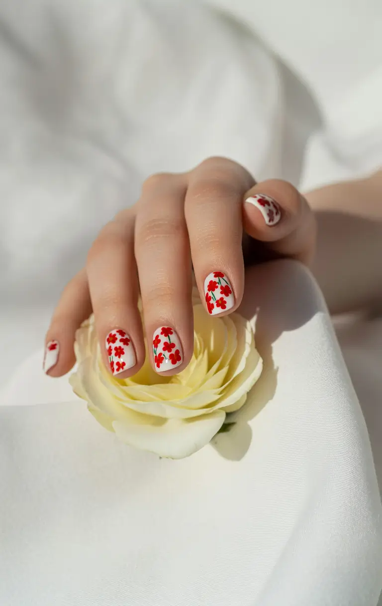 simple summer nails ideas 2025 Summer Bloom: Red Floral Freedom