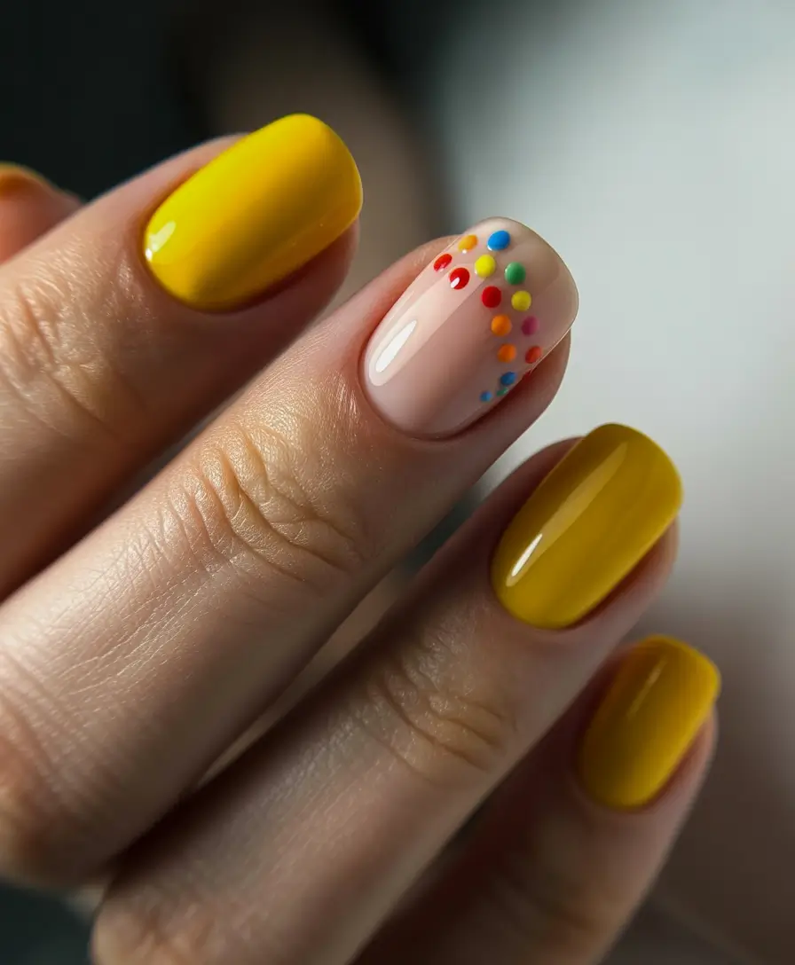 simple summer nails ideas 2025 Sunshine Yellow With a Confetti Twist