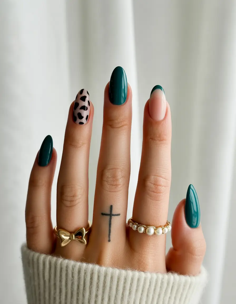 simple summer nails ideas 2025 Teal Drama Meets Cow Print Cool