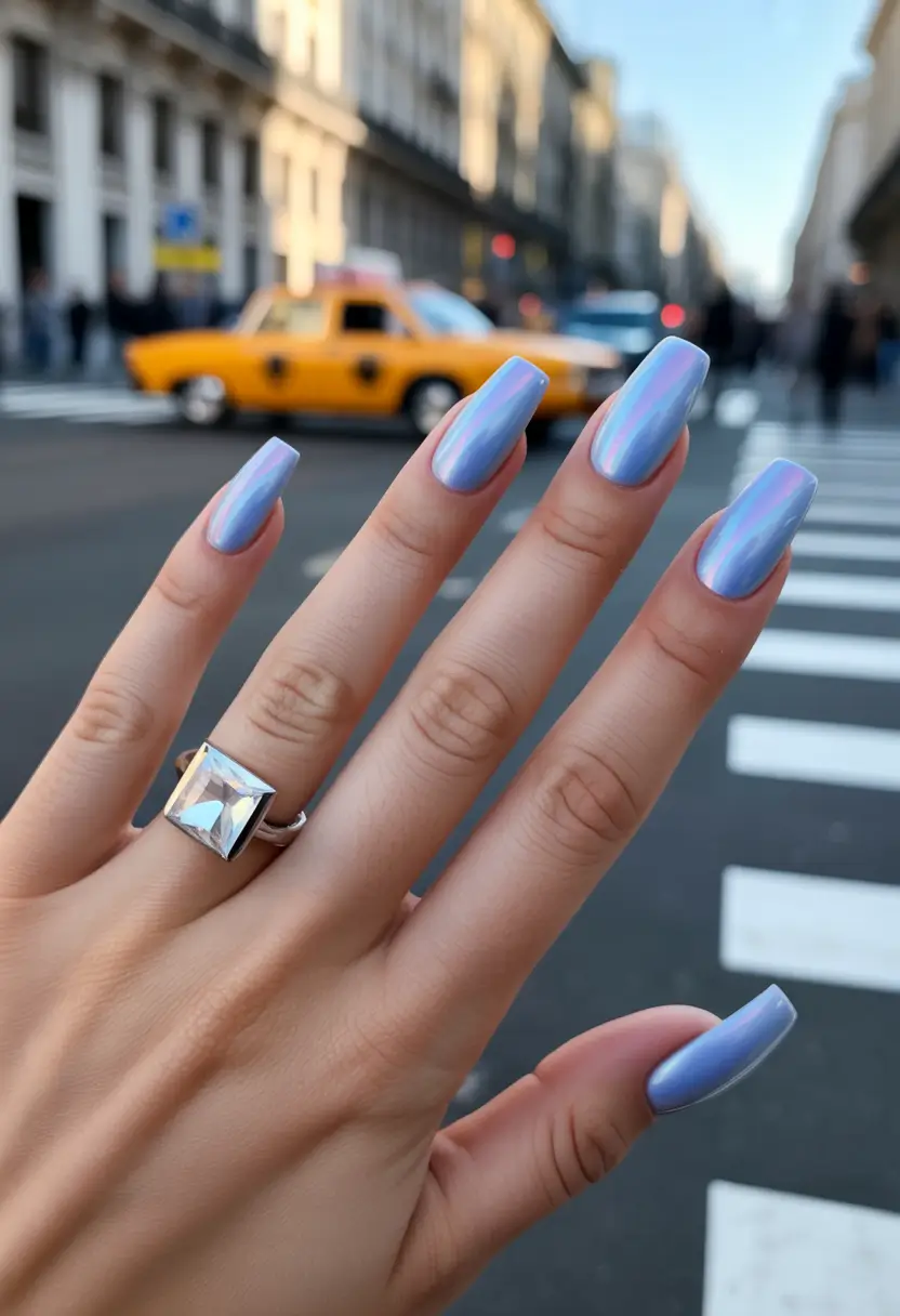 simple summer nails ideas 2025 Chrome Blue Glaze for the Ballerina in the City