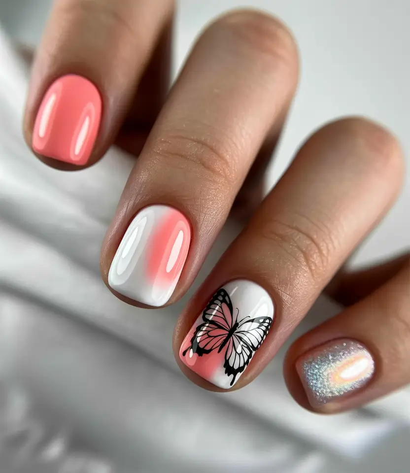 simple summer nails ideas 2025 Whispers of Peach with a Butterfly Touch