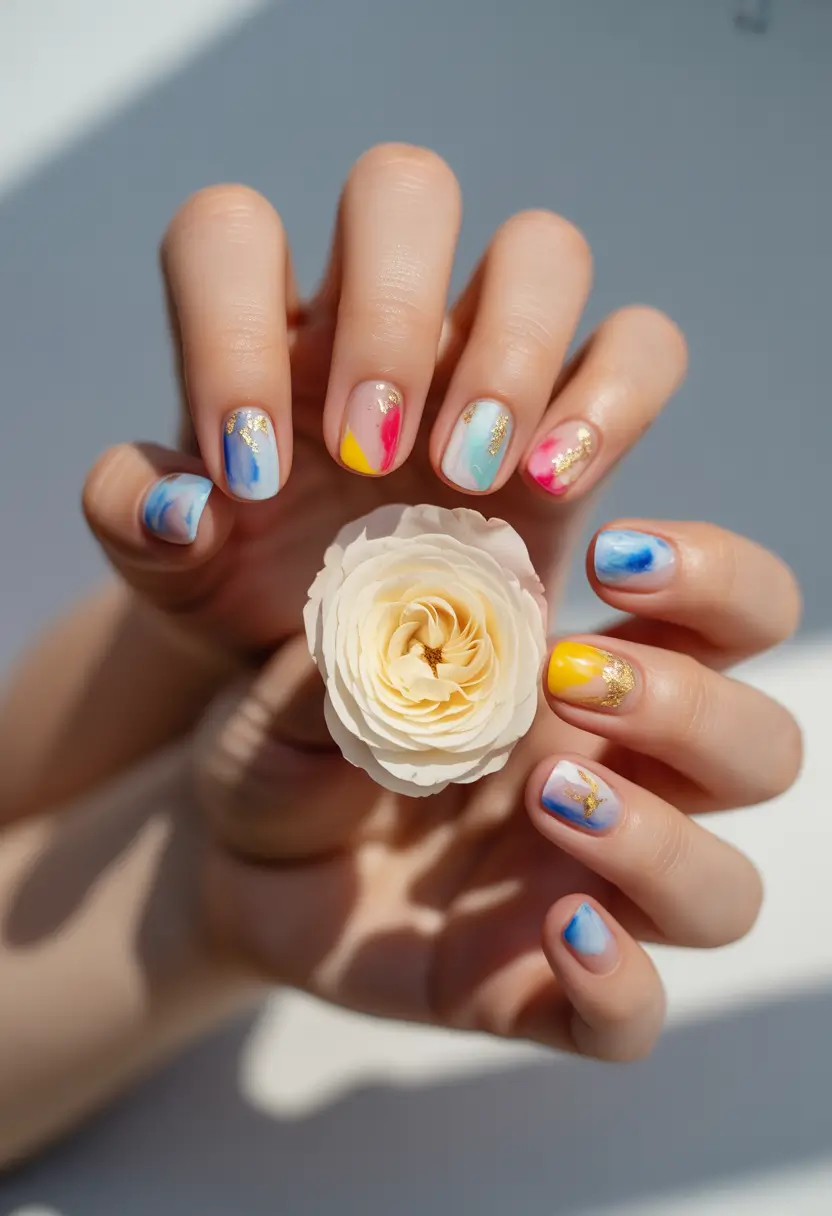 simple summer nails ideas 2025 Golden Brushstrokes and Watercolor Skies