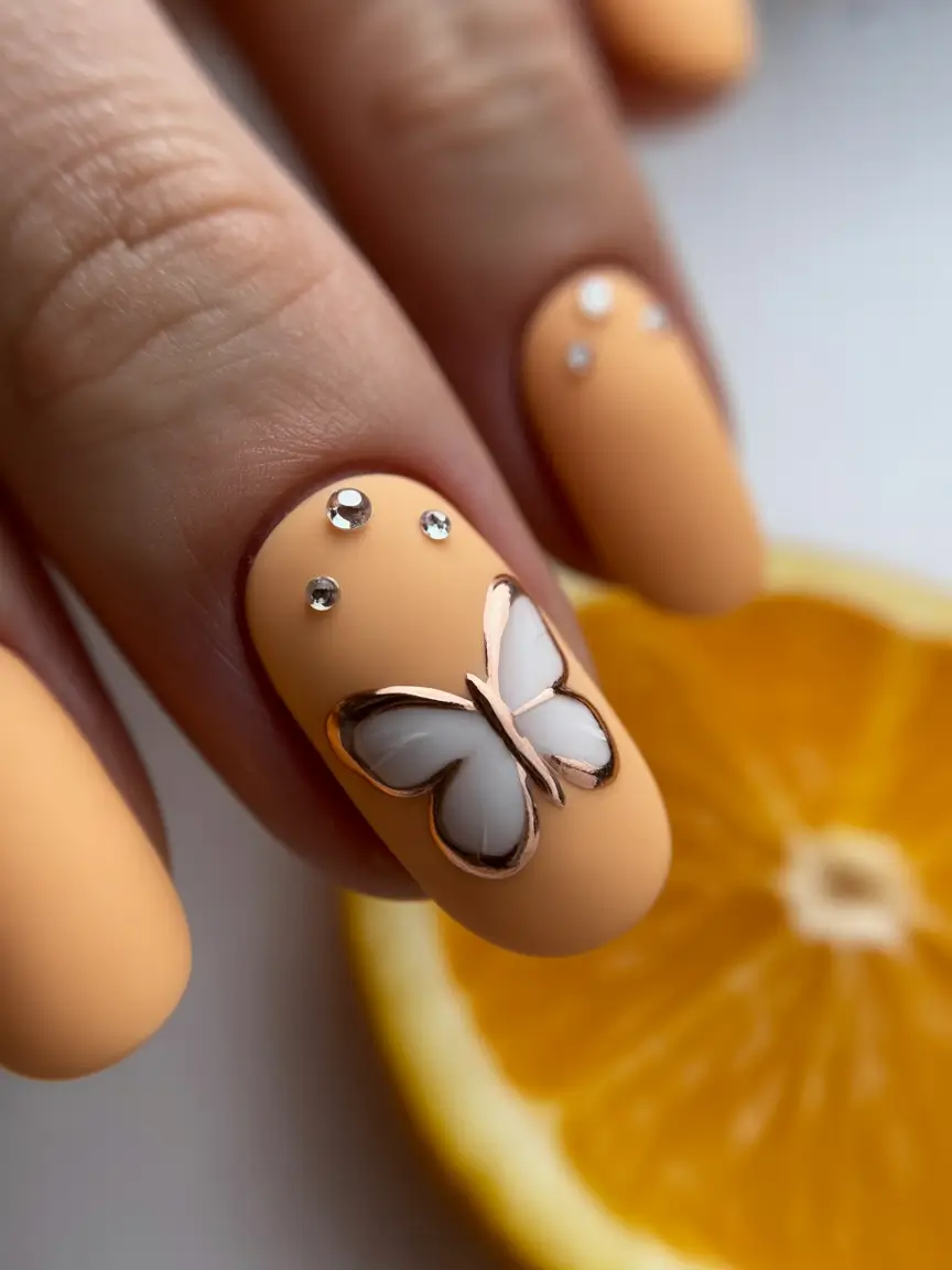 simple summer nails ideas 2025 3D Butterfly Dreams on Matte Orange