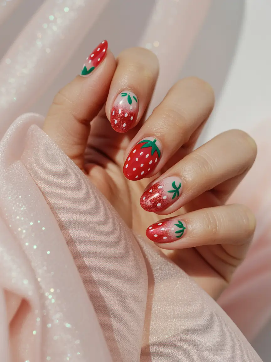 Strawberry nails inspo 2025 Classic Berry Drama with a Glittery Fade