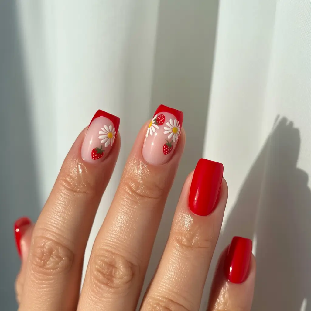 Strawberry nails inspo 2025 Retro Red Pop with Daisy Freshness