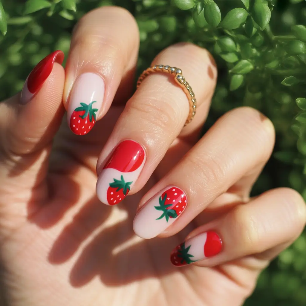 Strawberry nails inspo 2025 Sunlit Strawberries with a Creamy Base