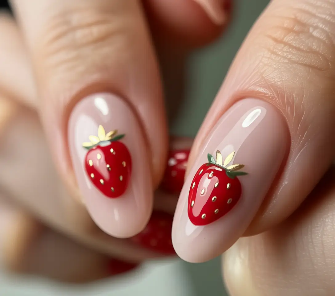 Strawberry nails inspo 2025 Glossy Gold-Leaf Berry Elegance