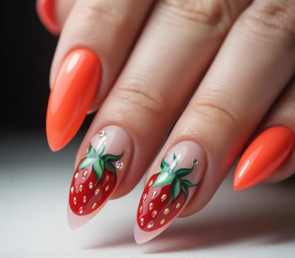 Strawberry nails inspo 2025 High-Gloss Strawberries with Crystal Accents