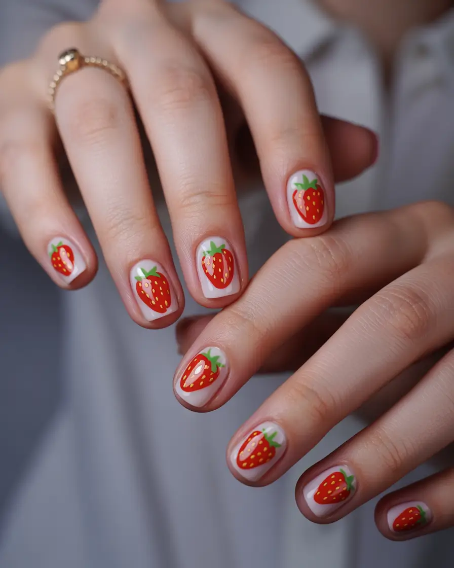 Strawberry nails inspo 2025 Classic Strawberries on Clean Short Nails