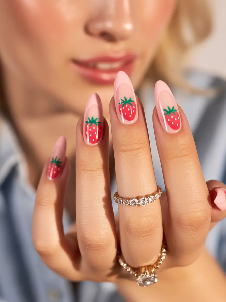 Strawberry nails inspo 2025 Blended Pink Gradient with Strawberry Accents