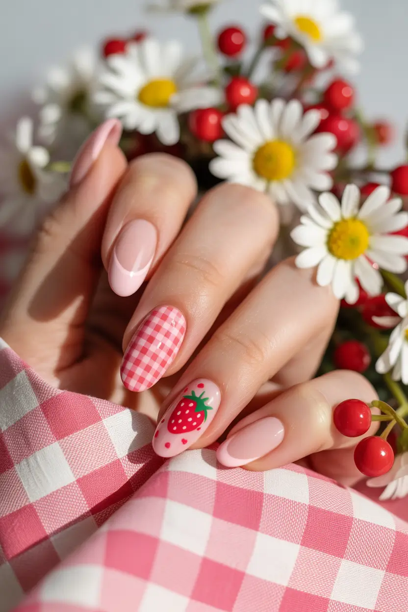 Strawberry nails inspo 2025 Country Fair Gingham Chic
