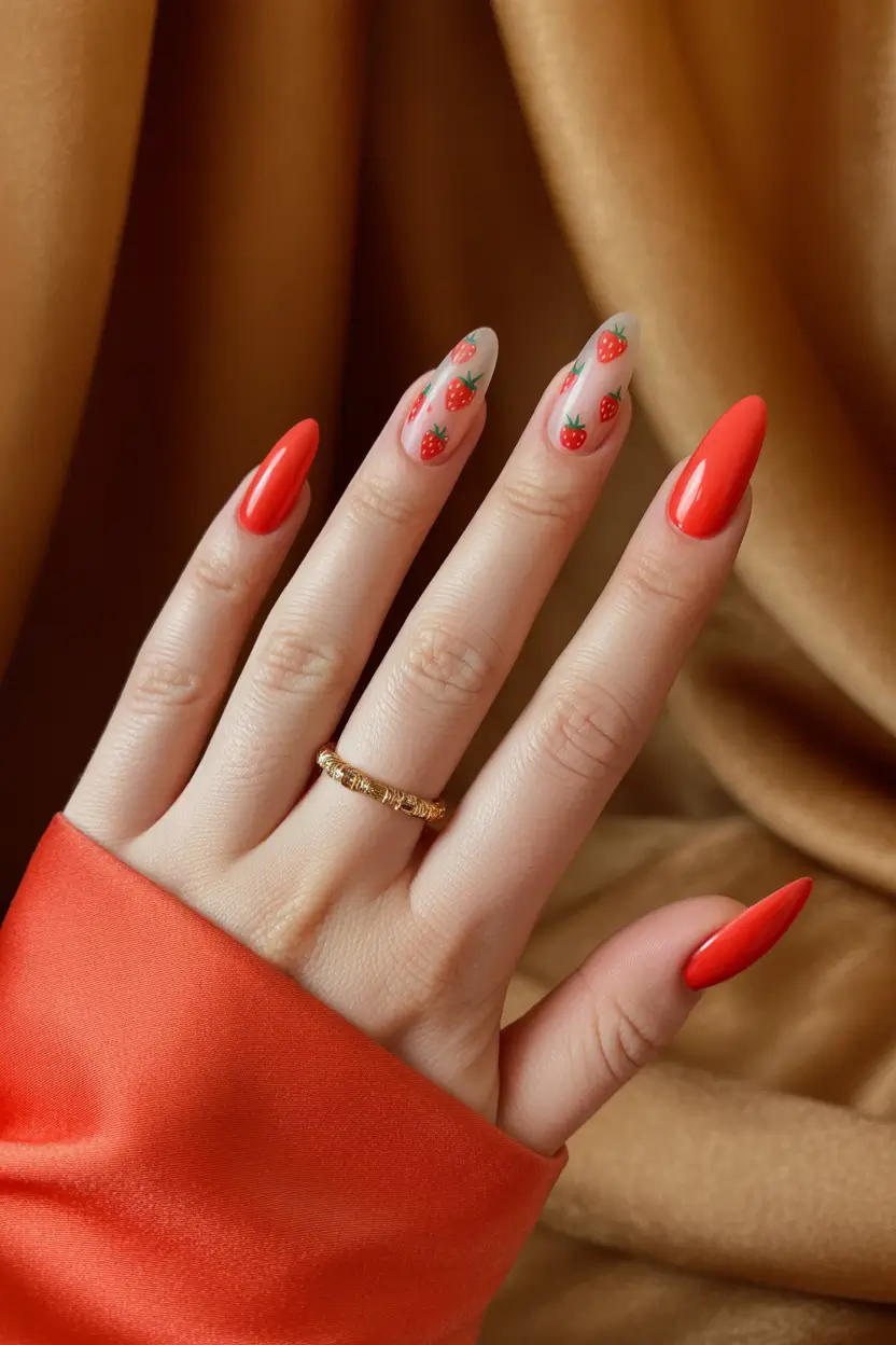 Strawberry nails inspo 2025 Glossy Coral & Micro Strawberries