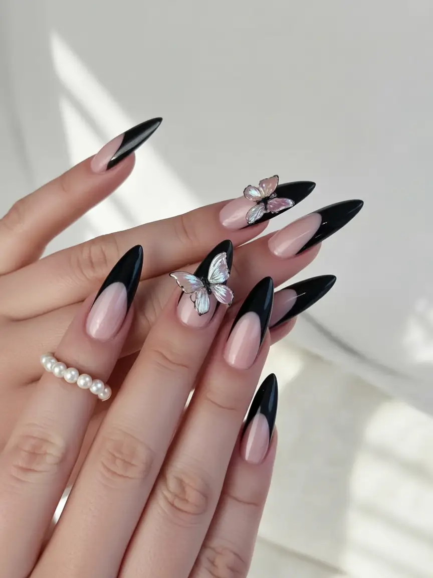 summer black nails ideas 2025 Butterfly Effect in Black